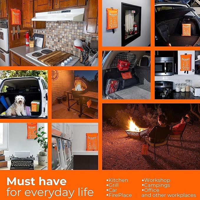 Fire Blanket -Certified 1200F Extra Thick, Glow In The Dark Fireproof Emergency Supplies. 500gsm, 0.5mm Thick Fire Blankets Emergency For Home. Emergency Blanket with Cape and Hood 47"x39" By Supa Ant
