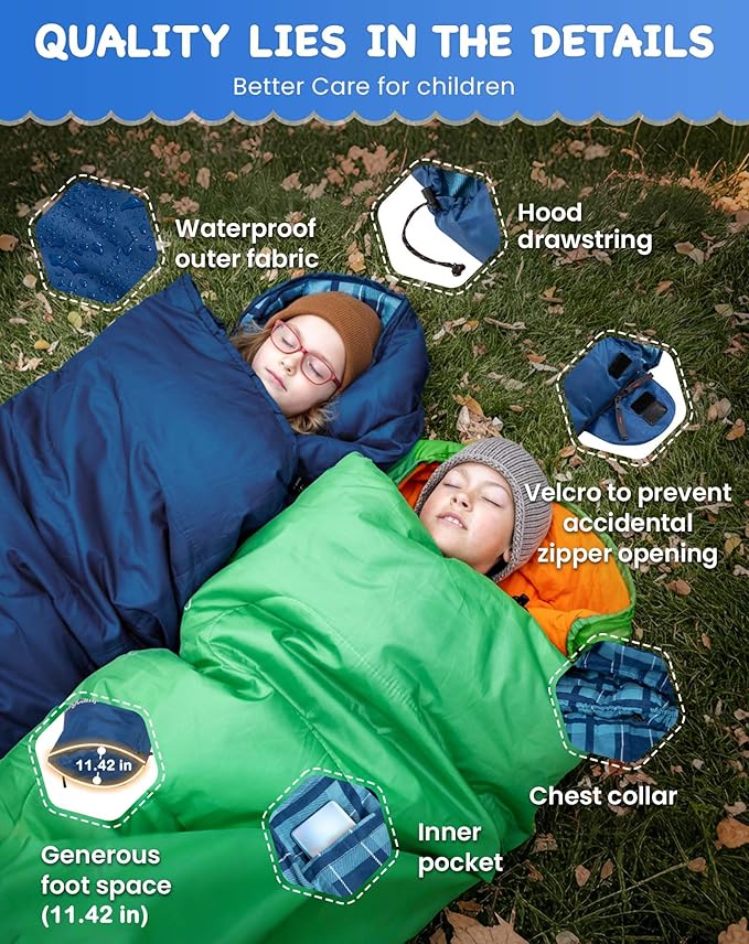 KingCamp 45°F Kids Sleeping Bag, Lightweight Waterproof & Compact Flannel Sleeping Bags Cold Weather & Warm Youth Essentials Gear Accessories for Camping, Fits 10-12 Children up to 4'7"-5'5" Tall