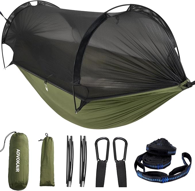 ADVOKAIR Camping Hammock with Mosquito Net Up to 500lbs, Ultralight and Portable Nylon Travel Hanging Hammock with Tree Straps, Perfect for Outside, Backpacking, Hiking and Backyard