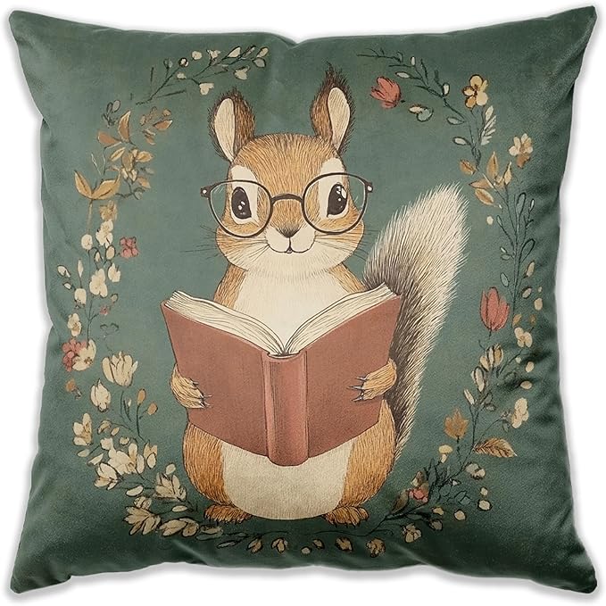 Vintage Bookish Squirrel Pillow Cover 18x18, Book Lovers Bookworm Reader Gifts, Cottagecore Forest Animal Decorative Throw Pillow Cover for Reading Room Nook Corner Home Library Nursery