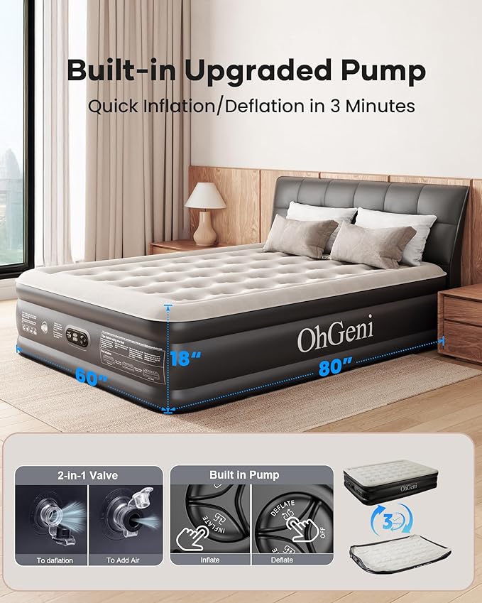 OhGeni Queen Air Mattress with Built in Pump, Ideal Alternative to a Bed, Inflatable Blow Up Mattress 18 Raised Comfort, Upgraded Surface Portable Bed for Home, Camping, Colchone Inflable, 650 lbs