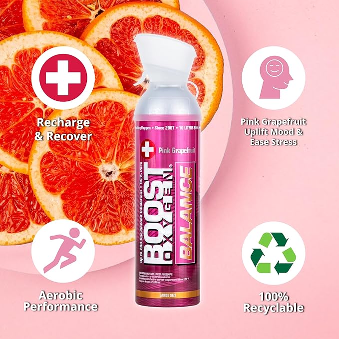 Boost Oxygen Large Balance Pink Grapefruit Aroma 10 Liter Canister | All-Natural Resiratory Support for Aerobic Recovery, Altitude, Performance and Health (4 Pack)