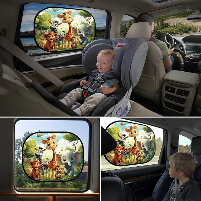 JUNEBRUSHS 2 Pack Car Window Shade With UV Protection for Baby - 17.6 x 14.4 Inches Sun Shade With Cute Animal Designs