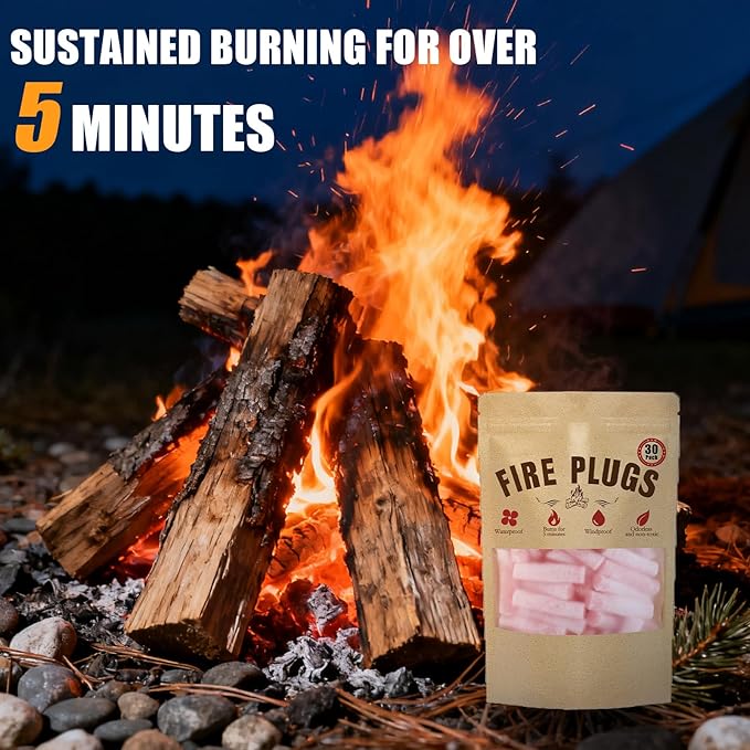 30 Pack Waterproof Fire Starters with 5+ Minute Burn for Camping, Emergency, Fire Pits, Grills,Non-Toxic