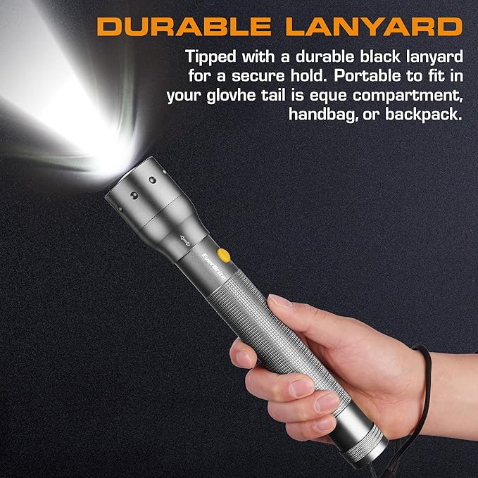 EverBrite Ultra Bright Tactical Flashlight, 900 Lumen Zoomable Adjustable Focus, 3 Light Modes, Heavy-Duty Aluminum Torch for Hurricane Supplies Camping, Includes 3C Alkaline Batteries-Gray