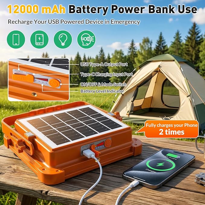 2-Pack Solar Rechargeable Work Light, 12000LM Portable Work Light with 12000mAh Battery, LED Flood Lights with 5 Modes, Outdoor Waterproof Job Site Lighting for Camping Repair Emergency Fishing