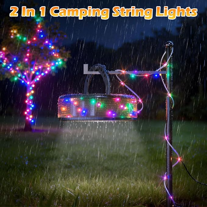 5200 mAh Solar Camping String Lights, Portable RGB Fairy String Light, 33FT 4-in-1 Waterproof Hanging String Lights, USB-C Rechargeable Phone Charger for Christmas Decor, Patio, Party