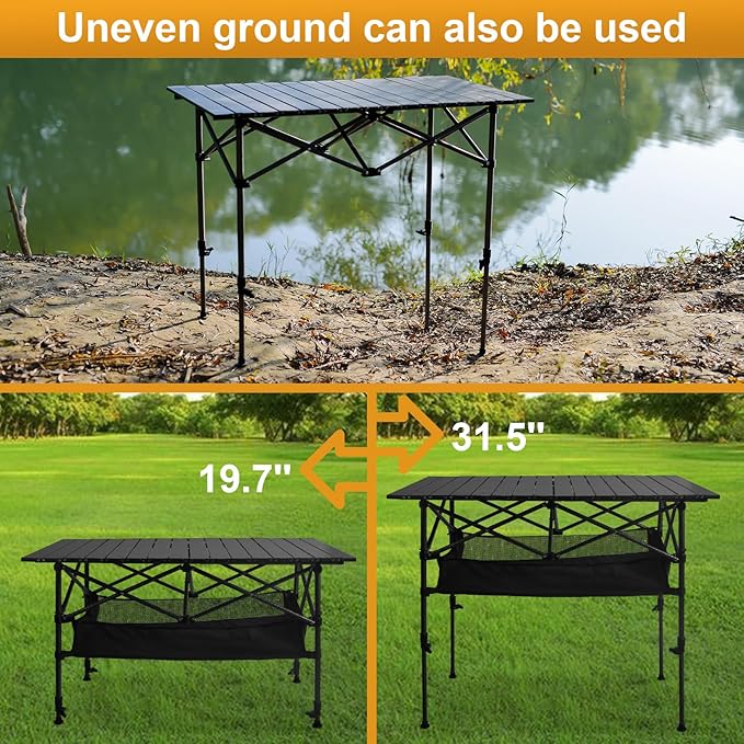 Folding Camping Table, Outdoor Roll-up Table Height Adjustable & Portable Metal Camp Grill Table for Picnic, BBQ, Party, Backyard, Beach, Mesh Storage and Carry Bag (Ash Black, 37.4'' Large)