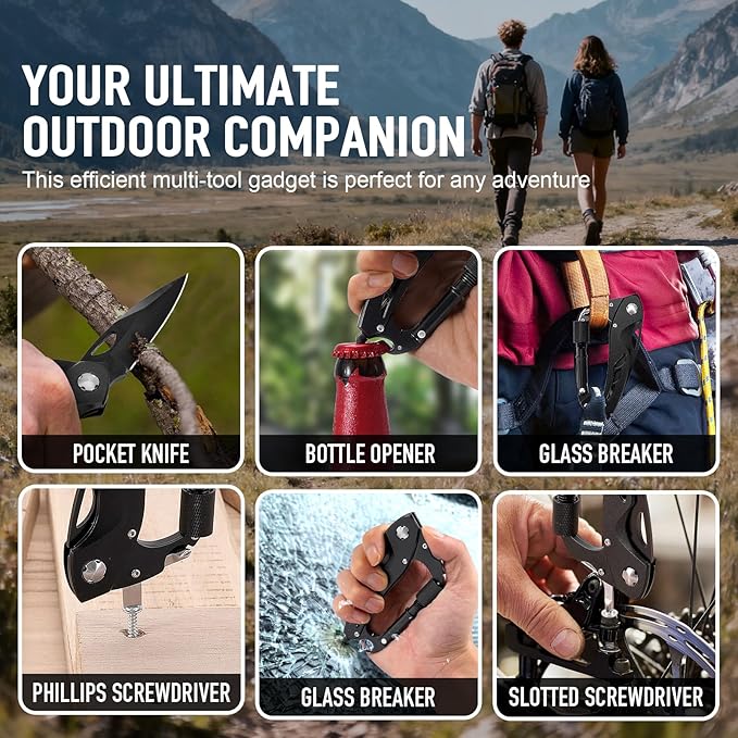 Multitool Carabiner with Pocket Knife, Birthday Gifts for Men Him Boyfriend, EDC Carabiners with Folding Knives, Bottle Opener, Window Breaker and Screwdriver, Survival Gear for Camping Hiking