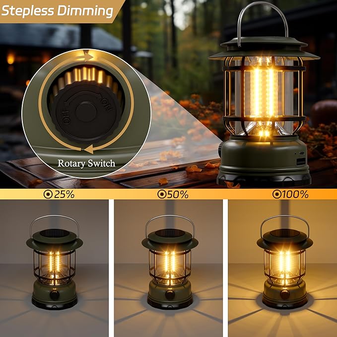 LED Solar Camping Lanterns,1500LM Step-Less Dimming,Retro Battery 2600mAH Powered USB Rechargeable Tent Lights,Portable Flashlight for Power Outages Emergency Hiking Hurricane 3Pack Green