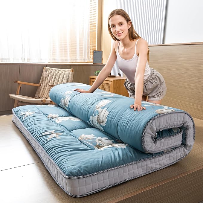 MAXYOYO Floral Printed Futon Mattress, Padded Japanese Floor Mattress Quilted Bed Mattress Topper, Extra Thick Folding Sleeping Pad Breathable Floor Lounger Guest Bed for Camping Couch, Queen Size