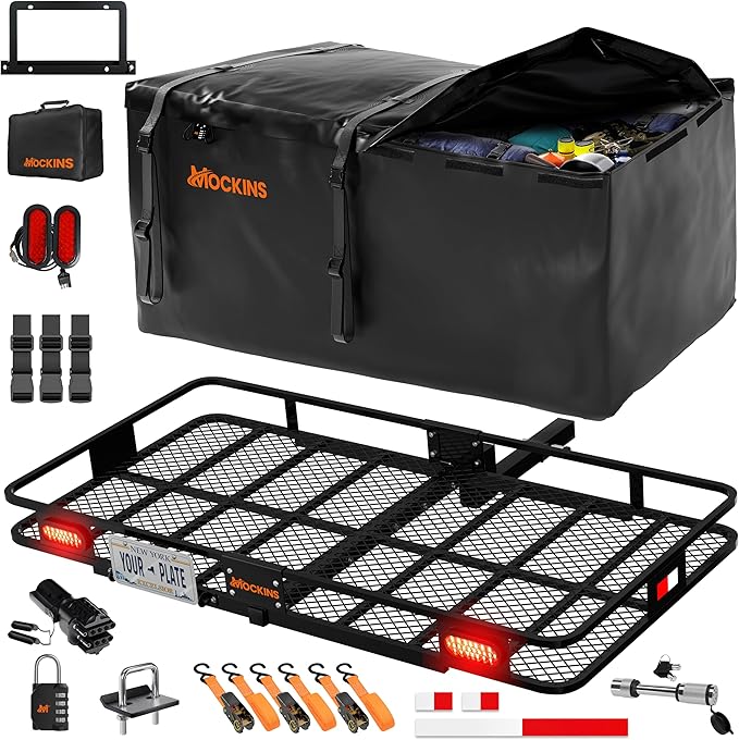 Mockins 72"x36"x6" XXL Folding Trailer Hitch Cargo Carrier w/ 50 CuFt Waterproof Cargo Bag for Hitch Carrier | 500 Lbs Cap Luggage Rack for SUV Car & Truck w/Rear Lights, License Plate Holder & More
