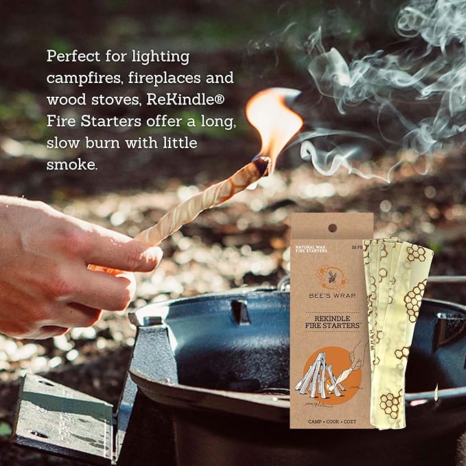 Bee's Wrap ReKindle Natural Fire Starters - 25 Fires - Made in USA Fire Starter from Organic Beeswax Wraps for Food - Safe for Indoor/Outdoor Use