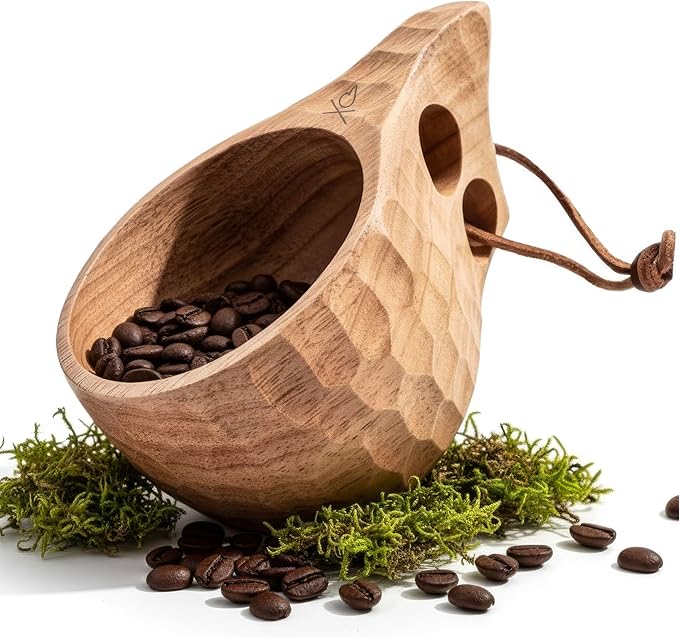 überleben | Kuksa Wooden Cup – Handcarved 8oz Coffee Mug, Bowl with Lanyard & Carabiner – Lightweight Camping Essentials & Traditional Nordic Bushcraft Gear