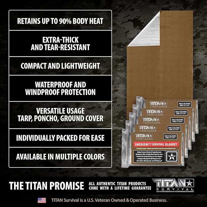 TITAN Survival Premium Mylar Survival Blankets (5 Pack) Thermal Emergency Survival Blanket for Camping, Hunting, Hiking - 90% Heat Retention & Waterproof - Portable Space Blanket w/Size Options