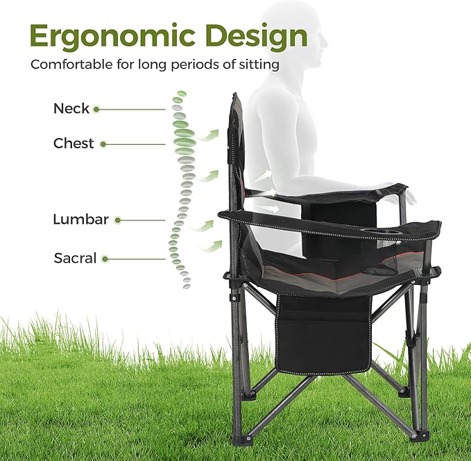 ALPHA CAMP 2PC Oversized Camping Chair Heavy Duty Lawn Chair with Cooler Bag (Black)