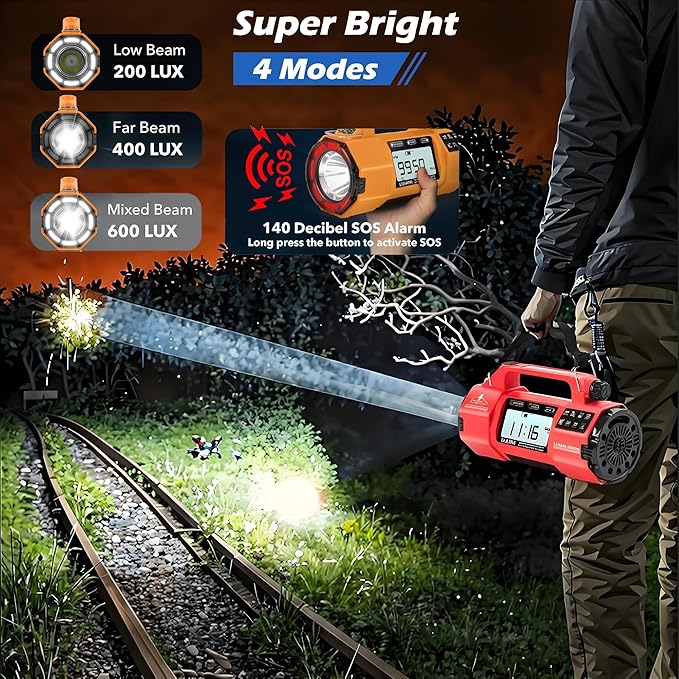 Emergency FM/AM/SW Weather Radio, Big Flashlight/Speaker,Type-C,Sleep Timer Alarm Clock, Solar/Hand Crank Charge, 5000mAh Replaceable Battery,with Cell Phone Charger Hurricane Storm Survival kit