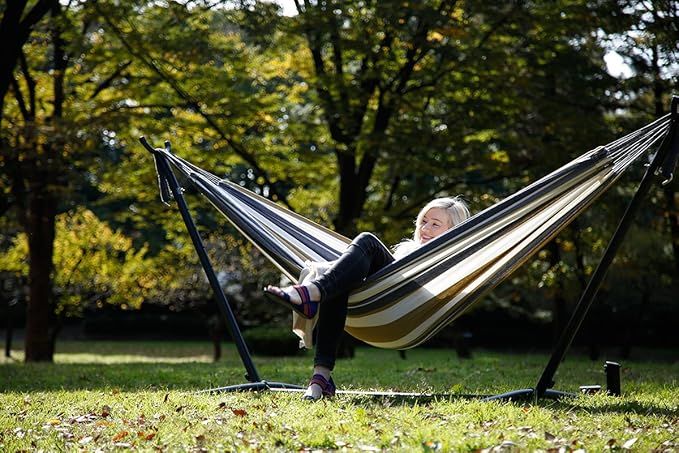 Vivere Double Cotton Hammock with Space Saving Steel Stand, Upgraded Polyester End Strings 450 lb Capacity - Premium Carry Bag Included (Desert Moon)