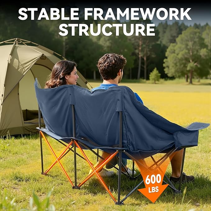 Huskfirm Double Camping Chair Oversized Padded Camping Chairs for Adults Folding Loveseat with Cup Holders and Side Pockets Heavy Duty Outdoor Lawn Chairs for Camping,Sports, Fishing,Beach,Blue