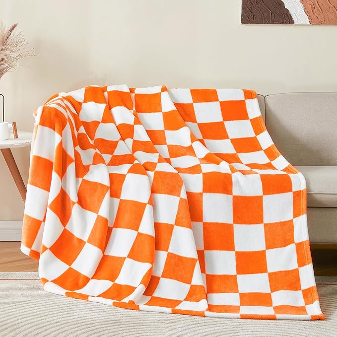 BEDELITE Checkered Throw Blanket for Couch, Soft & Cozy Fleece Flannel Blanket with Checkerboard Grid Home Decor, Checkered Orange Tennessee Blanket, 50x60 Inches