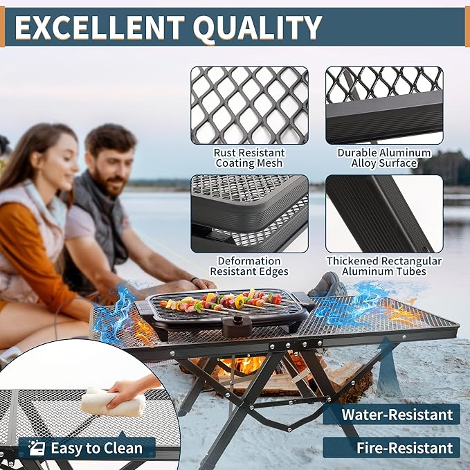 HPC DECOR Grill Table with Mesh Desktop,200lbs 3Ft Portable Folding Table,Camping Table,Picnic Table,Height Adjustable Metal Table for Ourdoor, Camping, Picnic, BBQ and Beach, RV, 35.4" L x 23.6" W
