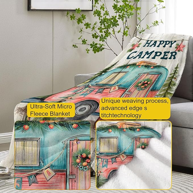 Camper Flannel Blanket, Camp Gifts, Camping-Themed Blanket for Women, Soft Lightweight Throw Blankets for Bed Home Travel Decor 40" x 50"