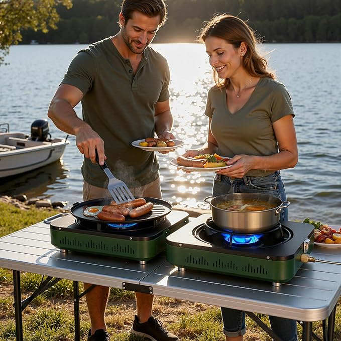 BIG HORN OUTDOORS 2 Burner Propane Camping Stove, Portable Camp Stove, Folding Gas Stove, Includes Frying Pan & Carry Bag for Camping, Emergency Use and Outdoor Cooking