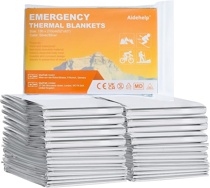24 Pack Emergency Blankets - Mylar Thermal Space Blankets for Survival and Protection - Ideal for Camping, Outdoors, Hiking, Rescue, Marathons