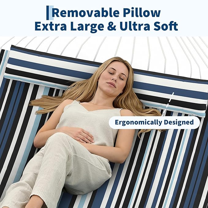 12 FT Double Quilted Fabric Hammock with Spreader Bar & Detachable Pillow, 450 LBS Capacity 2 Person Hammock, Indoor Outdoor for Patio Backyard Poolside Garden