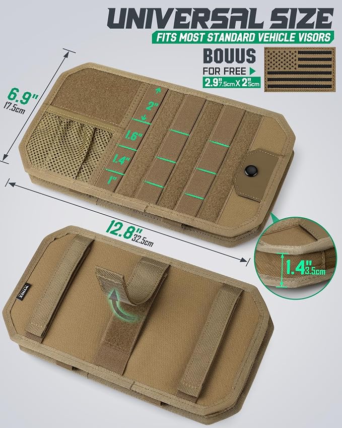 LIVANS Tactical Car Sun Visor Organizer, Auto Accessories Semi-Rigid Molle Panel with Zipper Storage Pouch & Glasses Holder, Gift for Car Gear, Fit Cars, Trucks, Suvs, Jeeps & Patrols (Khaki)