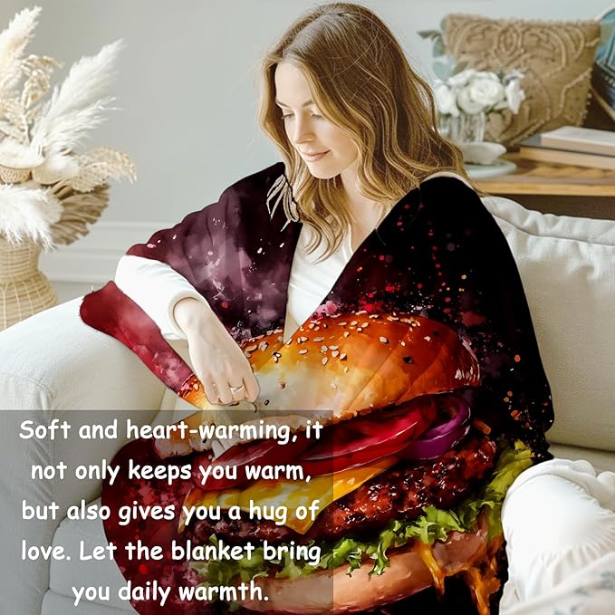 Juicy Cheeseburger Flannel Blanket, Hamburger Gifts, Food-Themed Blanket for Women, Soft Lightweight Throw Blankets for Bed Home Travel Decor 40" x 50"