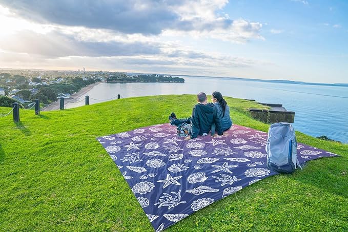WEKAPO Beach Blanket Waterproof Sandproof Oversized, Extra Large Beach Mat Sand Free, Lightweight & Compact Sand Free Mat with 5 Stakes & 4 Corner Pockets