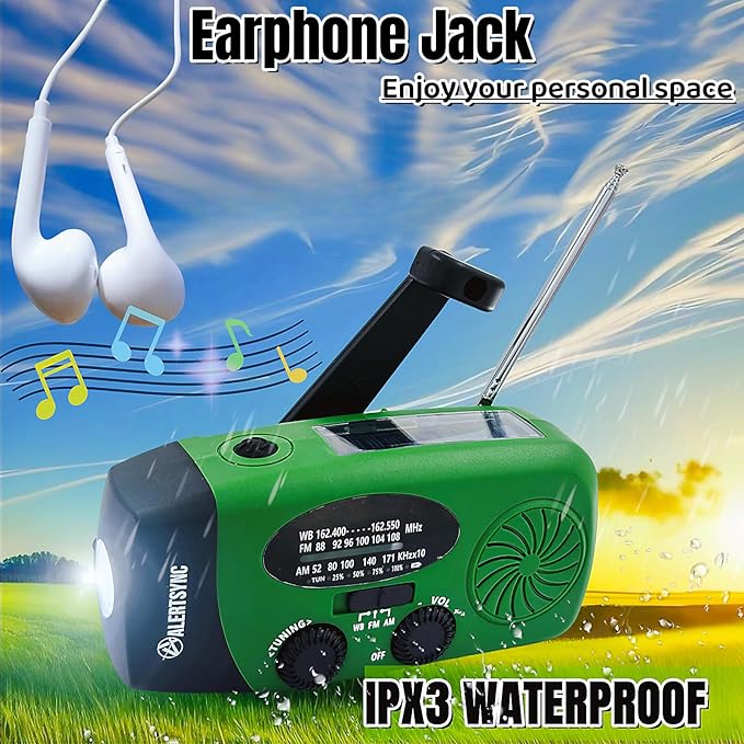 5000mAh Hand Crank Emergency Weather Radio, AM FM NOAA Solar Radio with Led Flashlight and Earphone Jack, Charger for Smartphone, USB-C Cable/Self Powered with SOS Alarm (Green)
