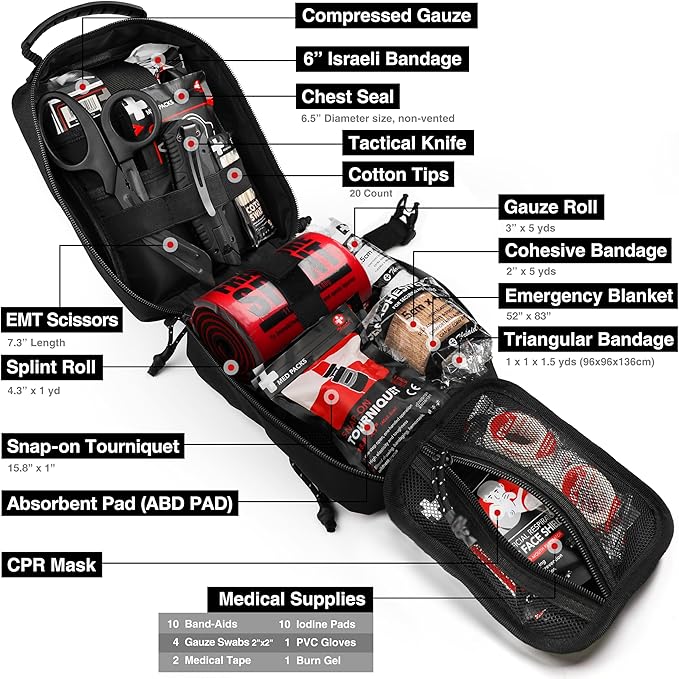 Survival First Aid Kit with Israeli Bandage, Chest Seal, Tourniquet, Splint, Tactical Military Combat Molle IFAK for Wound Care, Bleeding Control, Trauma Hemorrhage and More (Black)