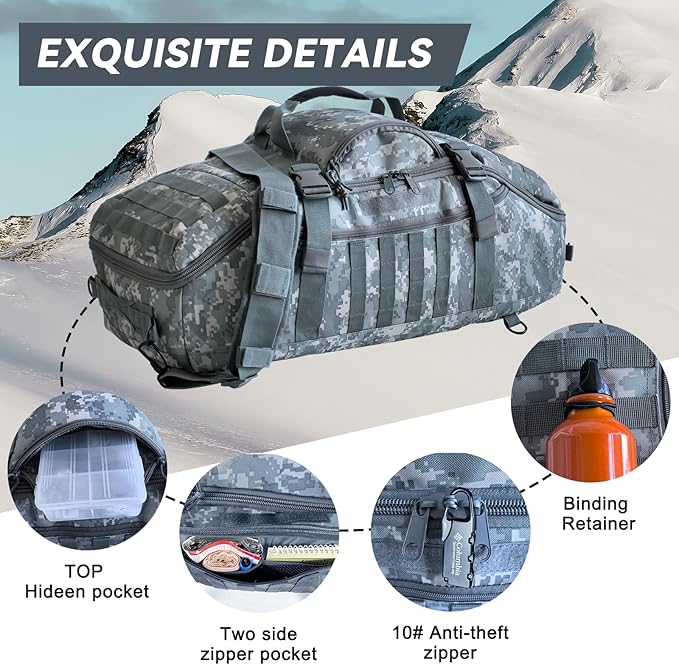 Hannibal Tactical 65L Large Duffle Bag, 3-in-1 Tactical Backpack MOLLE Pack for Sports, Gym, Outdoor, ACU