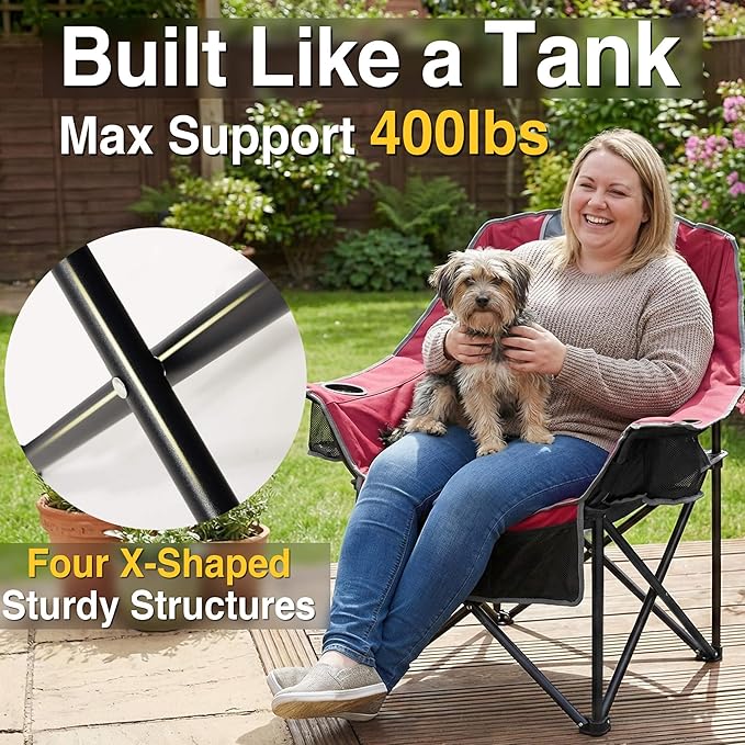Oversized Camping Chair for Adults - Heavy Duty 400 lbs Padded Folding Chair with Wine Glass Holder, 2 Cup Holders & Side Pockets, Portable Carry Bag for RV, Tailgating, Lawn