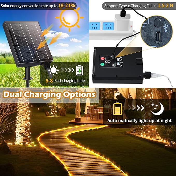 LairtPOW Solar Rope Lights 98FT Waterproof 300LEDs, Rechargeable Solar String Light with Remote Control,Outdoor Palm Tree Holiday Lights for Pathway Pool Patio Party Garden Yard Balcony (Multi Color)