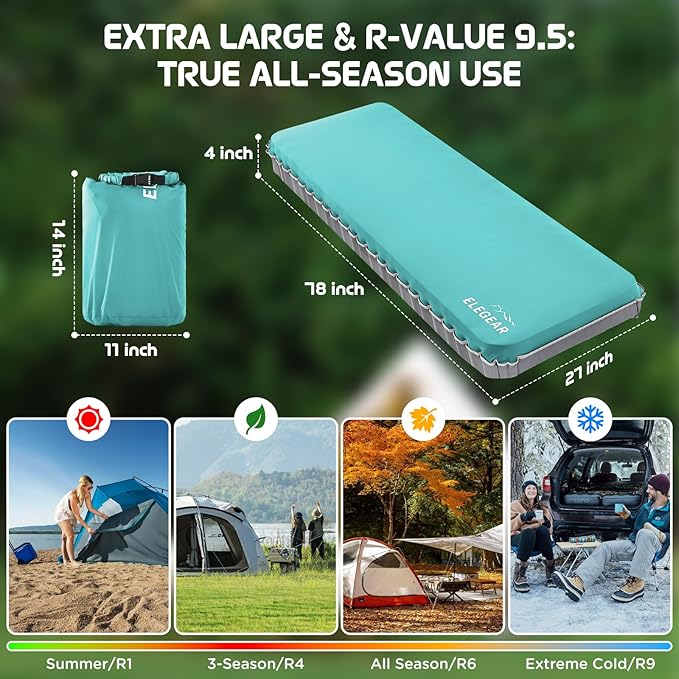 Elegear Air & Foam Self-Inflating Sleeping Pad, CumbreX™ 4" Ultra-Thick Memory Foam Camping Mattress Pad with Air Pump, Compact R-Value 9.5 4-Season Camp Mat for Travel Outdoor - Single Blue