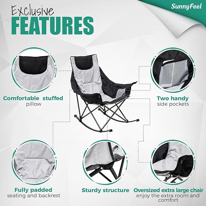 SUNNYFEEL Oversized Rocking Camping Chair 2 Pack, Fully Padded Patio Chair with Side Pocket, High Back Portable Lawn Recliner with Carry Bag, Outdoor Rocker Camp Chairs for Adults Heavy Duty 500 LBS