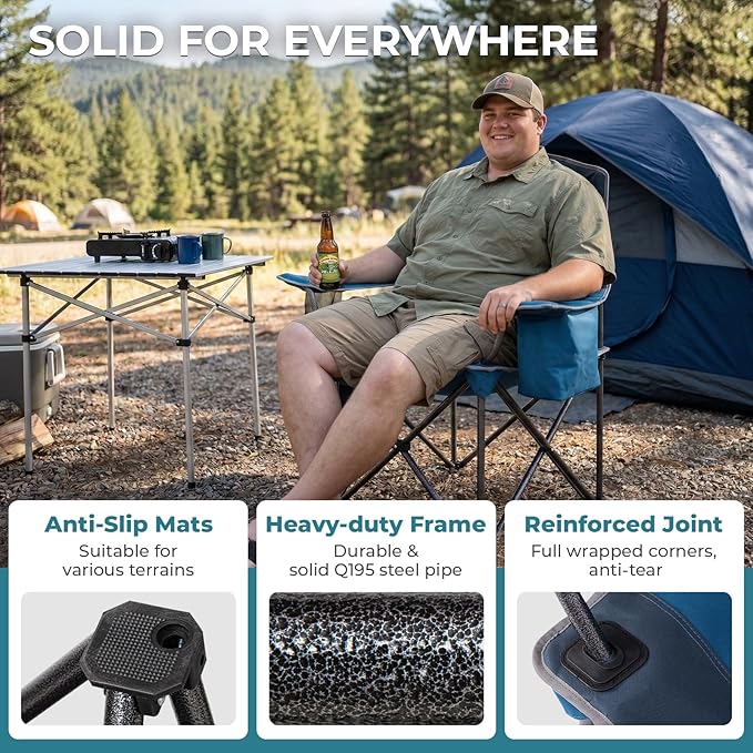 FUNDANGO Oversized Camping Chairs for Adults, Heavy Duty Fold Up Sports Games Lawn Chairs, Extra Wide Big Man Outdoor Chairs with Padded Lumbar Support Backrest, Bag Included for Camp, Outside, Beach