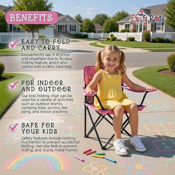 Emily Rose Kids Folding Beach Camp Chair with Cup Holder, Safety Lock & Matching Carry Case (Playful Hearts) – Toddler Travel Chair for Girls Ages 2–7 – Indoor Outdoor Lightweight USA Brand
