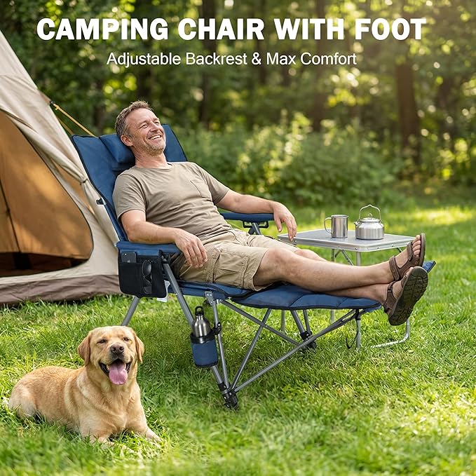 Folding Camping Chair for adults-3-in-1 Heavy Duty Foldable Camp Chair with Detachable Footstool, Padded Pillow, Cup Holder & Carry Bag,5-Speed Adjustable,400 LBS Capacity