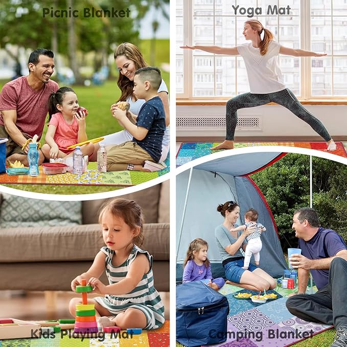 Supfitness Extra Large Picnic Blankets Waterproof Foldable (60"x 80") Boho Beach Blanket Waterproof Sandproof,3-Layer Thicking Mat Outdoor Packable Camping Blanket