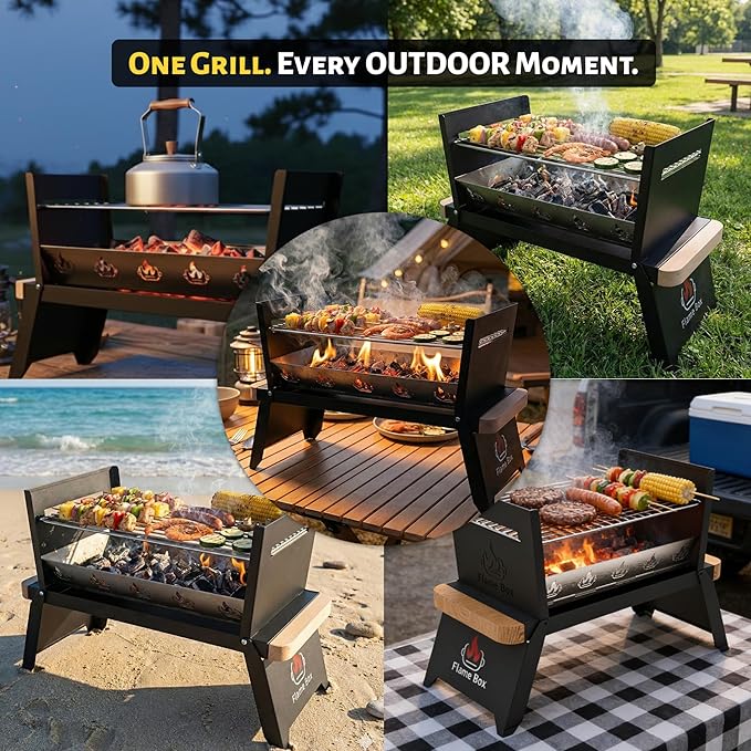 Nomad Portable Charcoal Grill – Ultra-Slim Folding BBQ for Outdoor Cooking, Camping & Travel | 304 Stainless Steel, Heat-Resistant Wood Handles, 3-sec Setup, Ready to serve 3-4 people