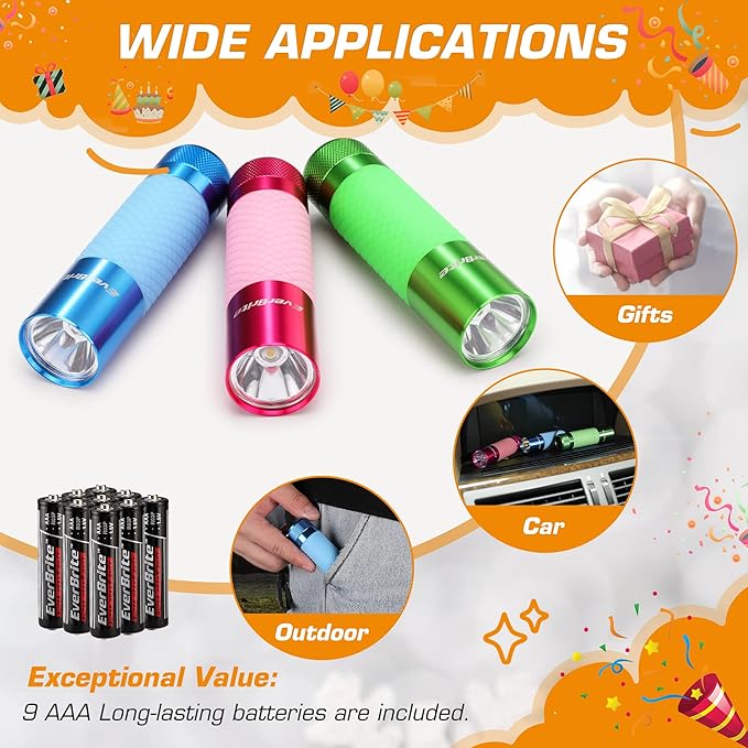 EverBrite 3-Pack Mini Flashlights, Glow in Dark Flashlights, Aluminum LED Flashlights Outdoor Favors Assorted Colors for Camping, Hiking, Indoor, 9XAAA Batteries Included