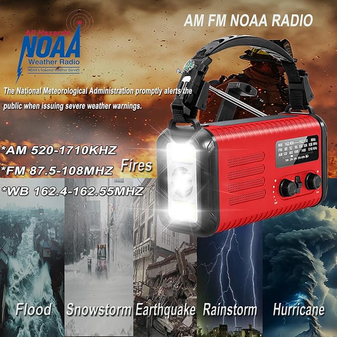 Emergency Hand Crank Radio, NOAA Weather Radio, 20000mAh Rechargeable Solar AM/FM Radio, Portable USB-C Fast Charger, Flashlight, Reading Lamp SOS Alarm for Hurricane Storm Camping Hiking (Red)