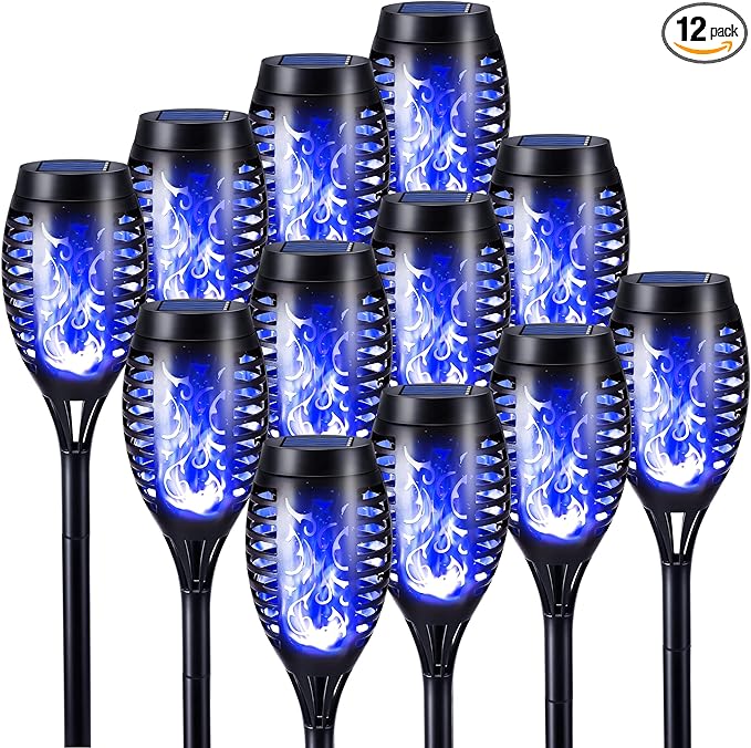 Toodour Solar Torch Flame Lights, 12 Pack Solar Lights Outdoor with Flickering Flame, Waterproof Patio Light Landscape Decoration Lighting for Garden, Lawn, Yard, Outdoor Decorations - Blue
