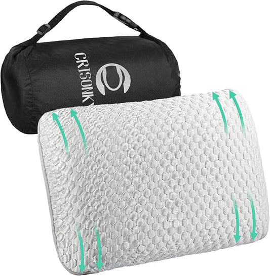 Crisonky Travel and Camping Pillow- Compressible Medium Firm Memory Foam Pillow with Carry Bag for Backpacking & Airplane, Lumbar Support. Breathable Cooling Fabric, Washable Pillowcase (Royal Silver)