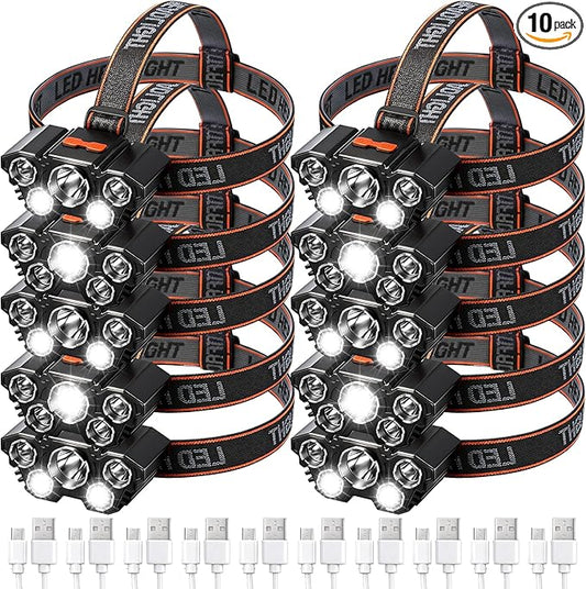 10 Pack Rechargeable Headlamp, USB Rechargeable LED Head Lamp Bulk, 4 Mode 90° Angle Adjustable Focus Head Lights for Forehead, Waterproof Headlamps for Adult Outdoor Camping Hiking Fishing Hunting