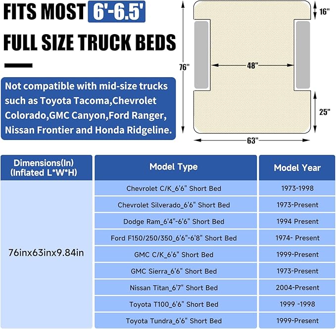 Umbrauto Camping Air Mattress for 6-6.5ft Full Size Truck Bed with Wireless Rechargeable Built-in Pump, Inflatable Pickup Truck Airbed for Outdoor Travel, Sleeping Pad with Pillows, Carry Bag